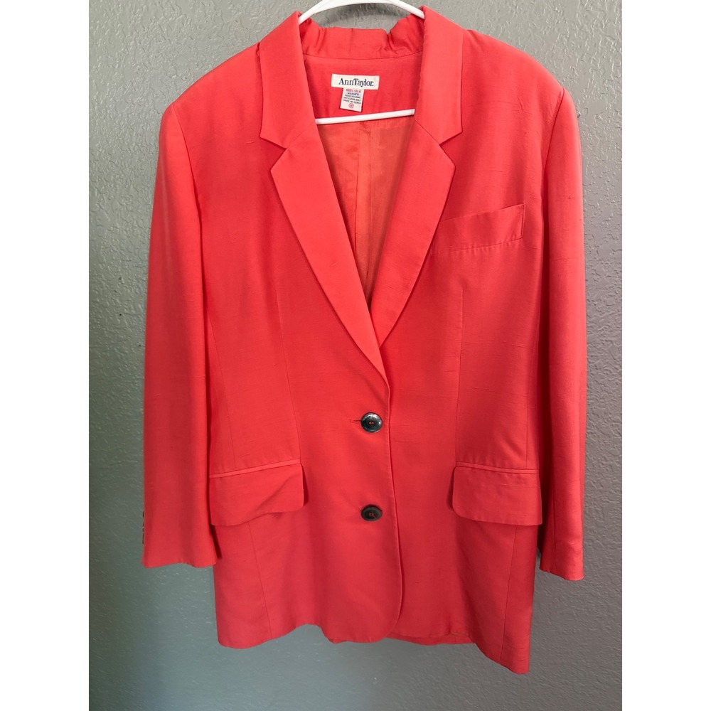 VTG Ann Taylor 100% Silk Blazer Coral Pink Longline Two Button‎ Jacket Size 8